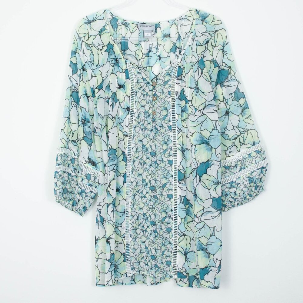 Catherines Womens Sheer Floral Blouse Size 1X Crochet Trim Balloon Sleeve NWOT